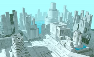 Industrial/futuristic city style. 